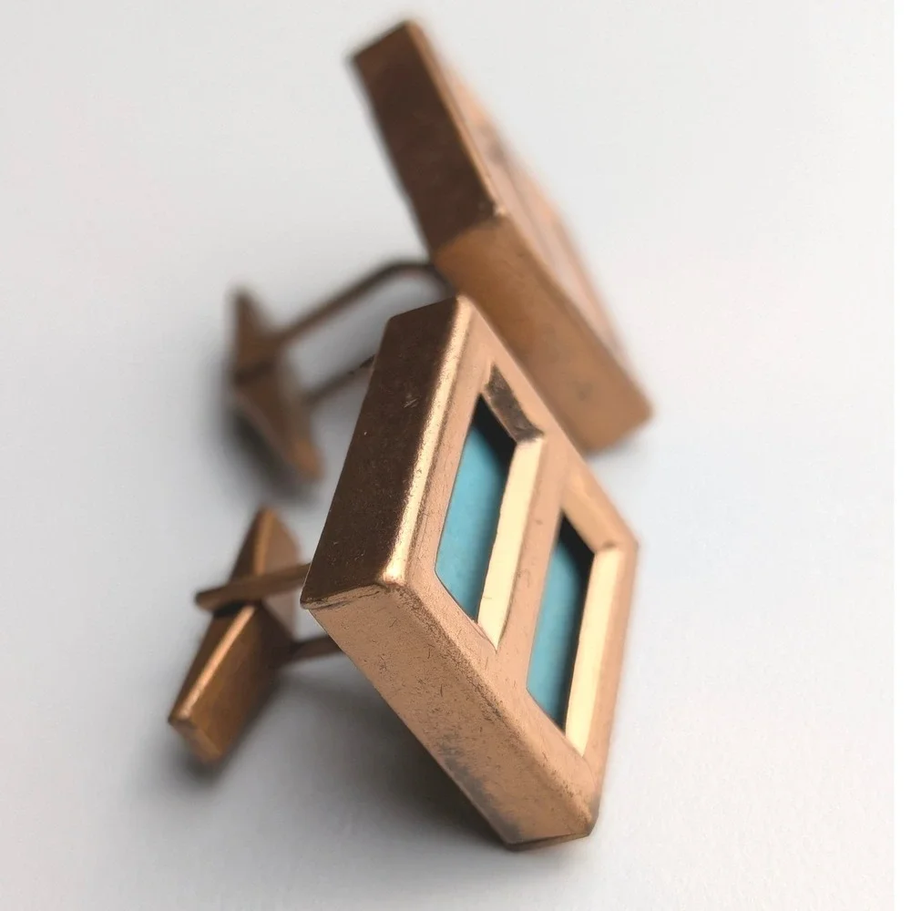 Matisse Renoir Vintage Copper Turquoise Enamel MCM Geometric Cufflinks